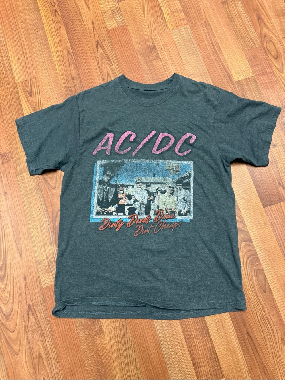 AC/DC Dark Charcoal Tee with Pink Logo and Multicolor Band Graphic
